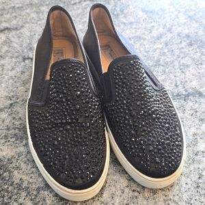 Black satin rhinestone glitter sneaker Flats